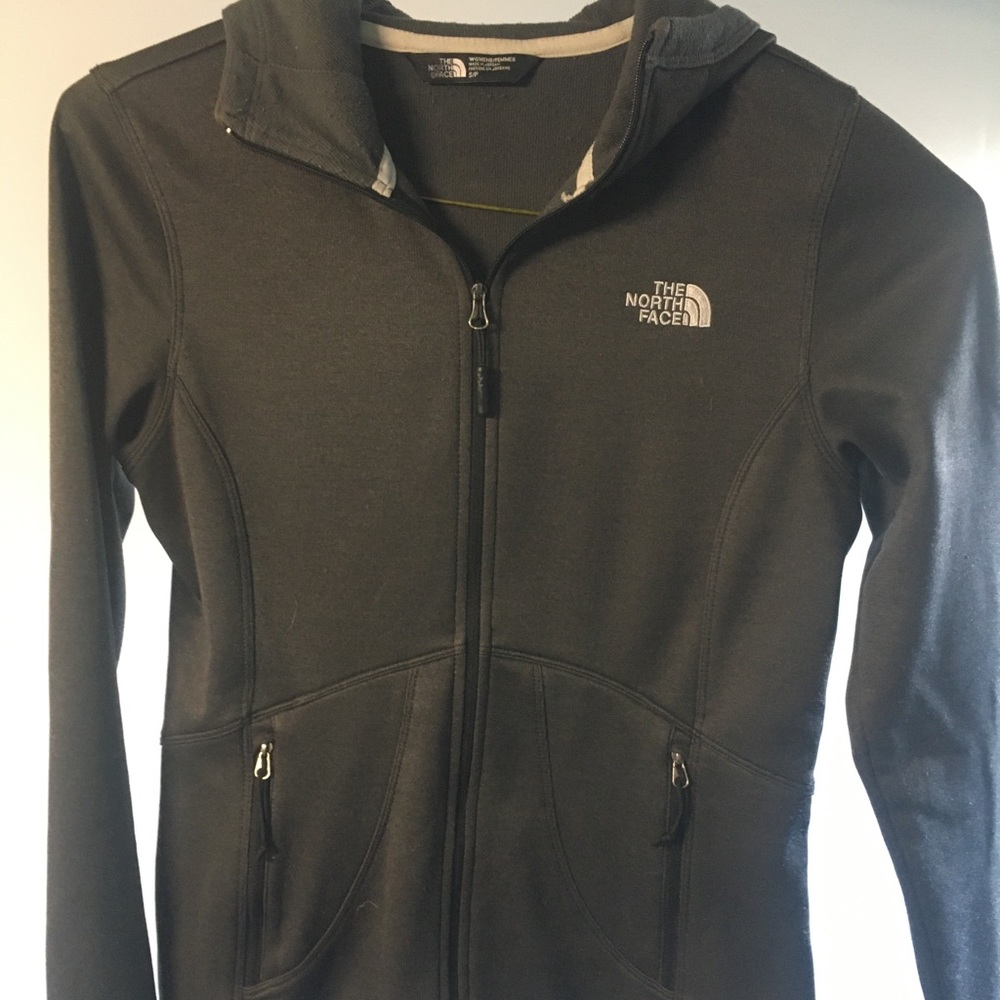 🍁North face fleece lined, charcoal grey, hooded layering jacket, xSmall